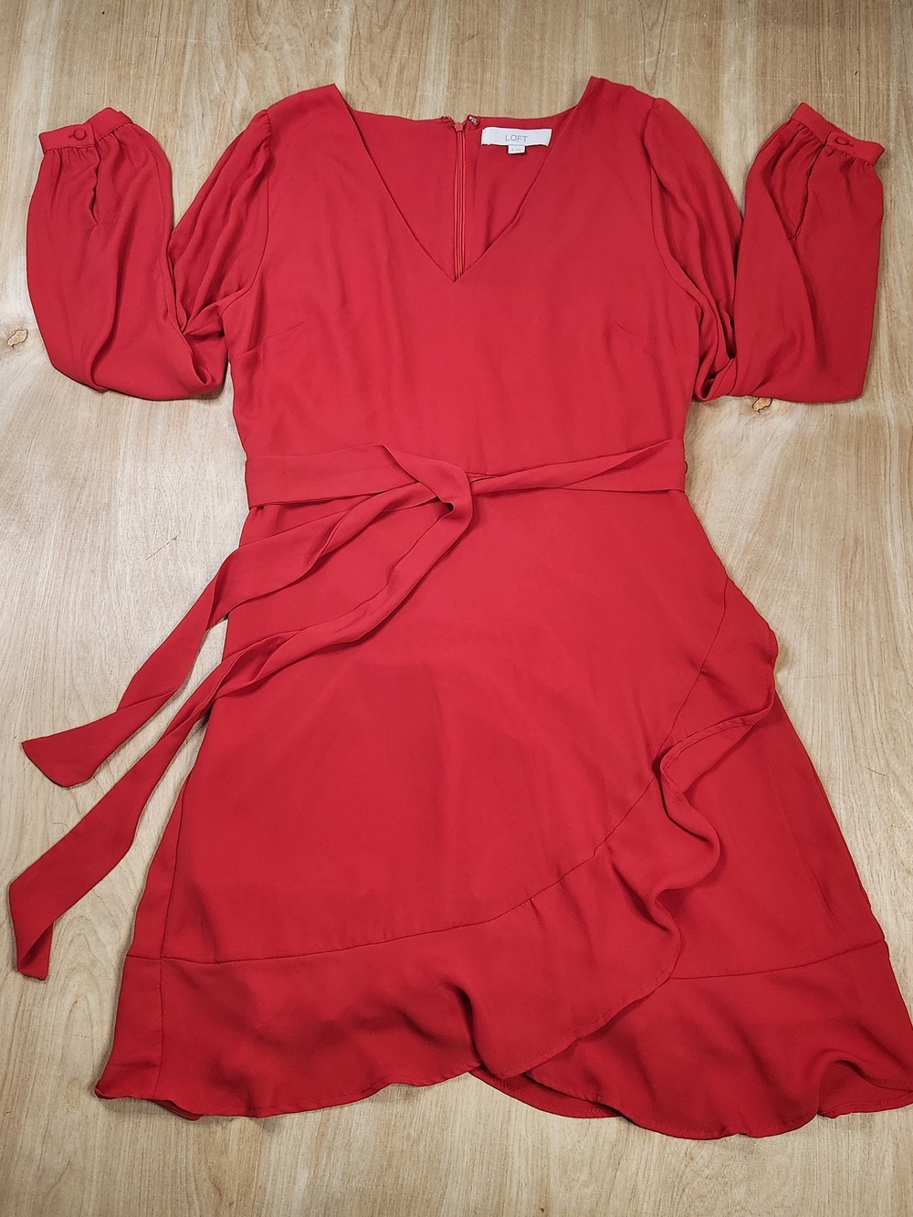 LOFT Red Wrap-Style V-Neck Balloon Sleeve Mini Dress Tie Waist And Ruffle Hem 6